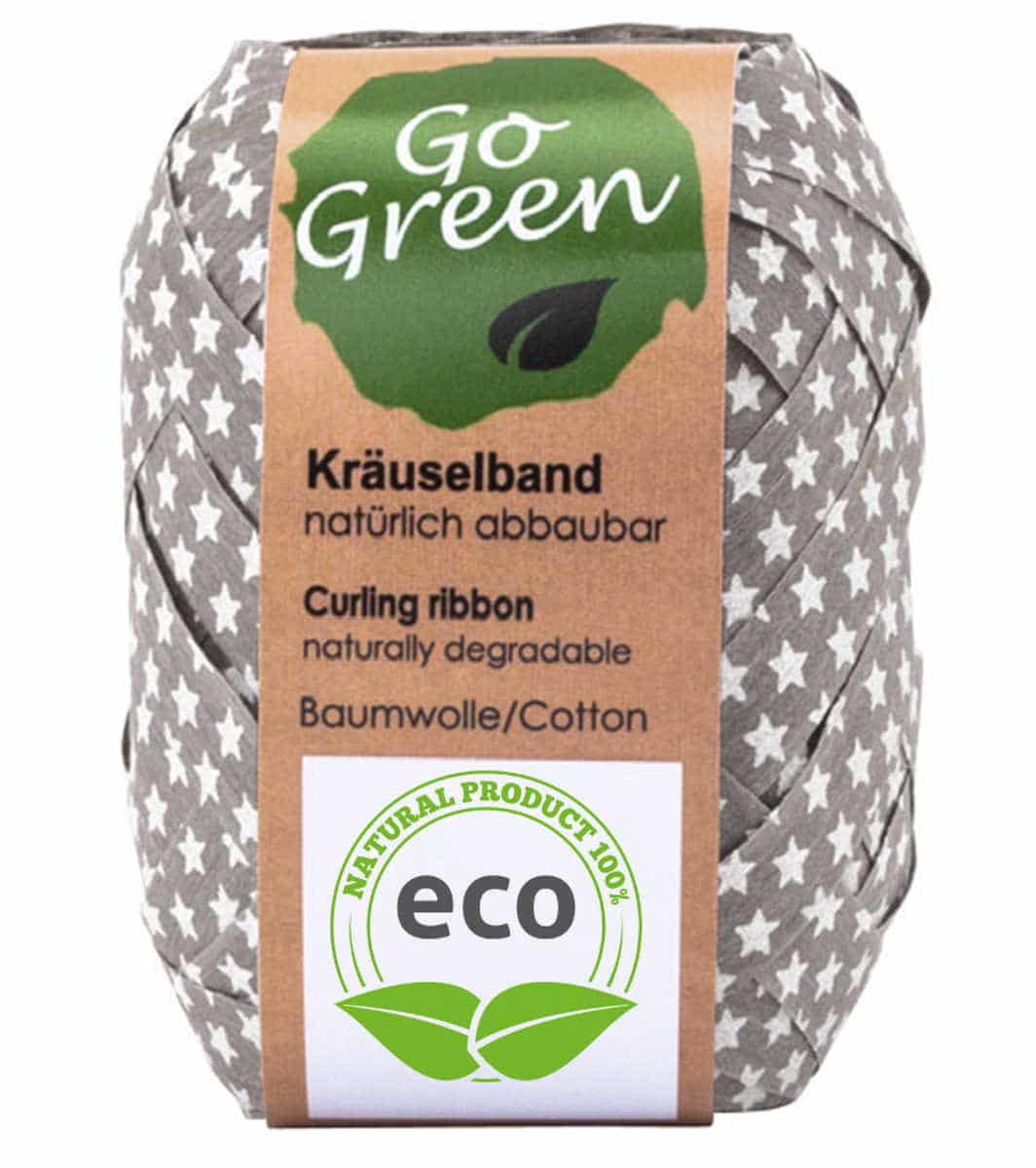 Cotton Ring Yellow Ribbon Stars, grey, 10 mm wide, ECO