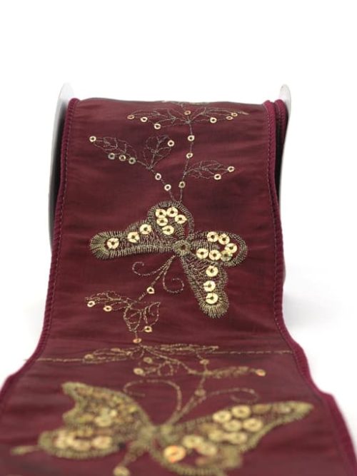 Wide gift and decoration ribbon with sequin embroidery, bordeaux, 100 mm with wire