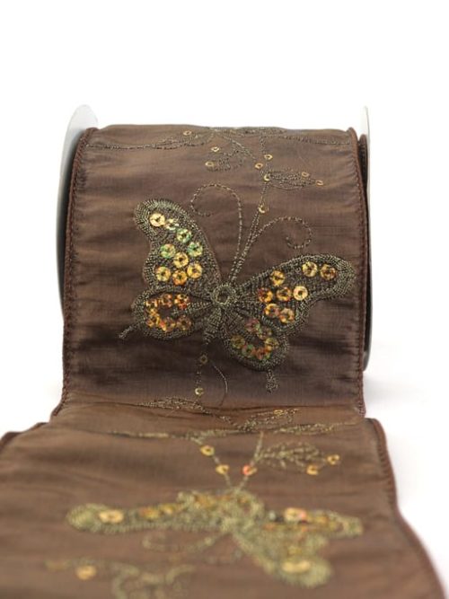 Wide gift and decoration ribbon with sequin embroidery, brown, 100 mm with wire