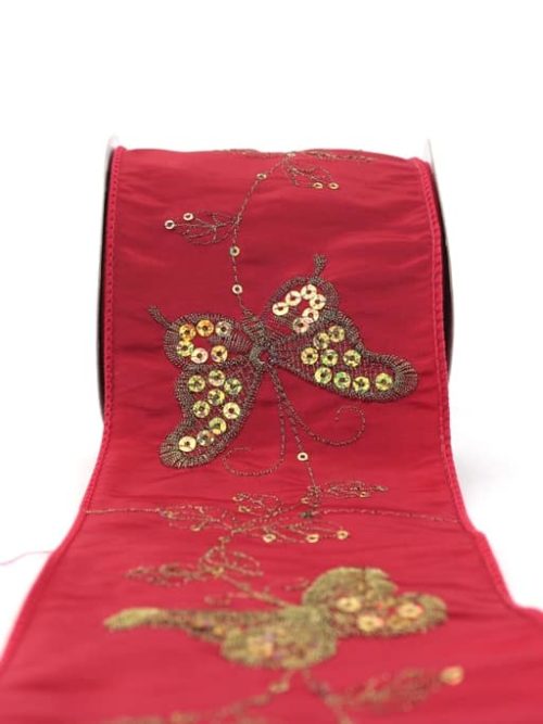 Wide gift and decoration ribbon with sequin embroidery, red, 100 mm with wire