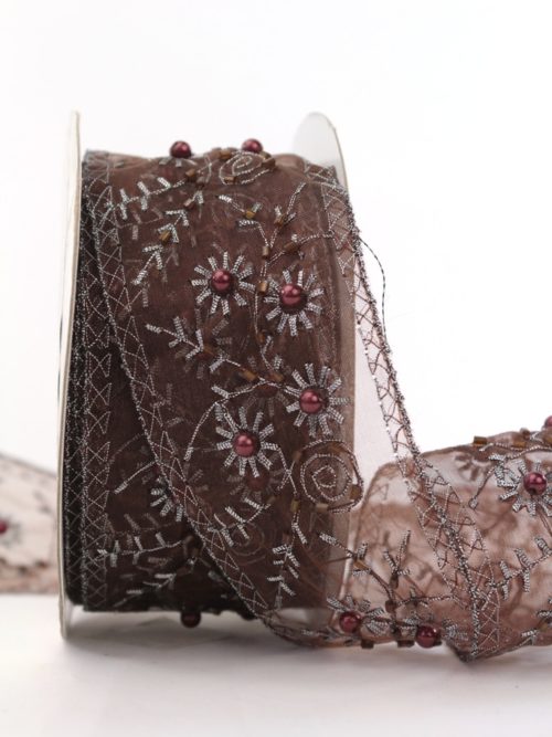 Exclusive gift and decoration ribbon with beads, brown, 50 mm