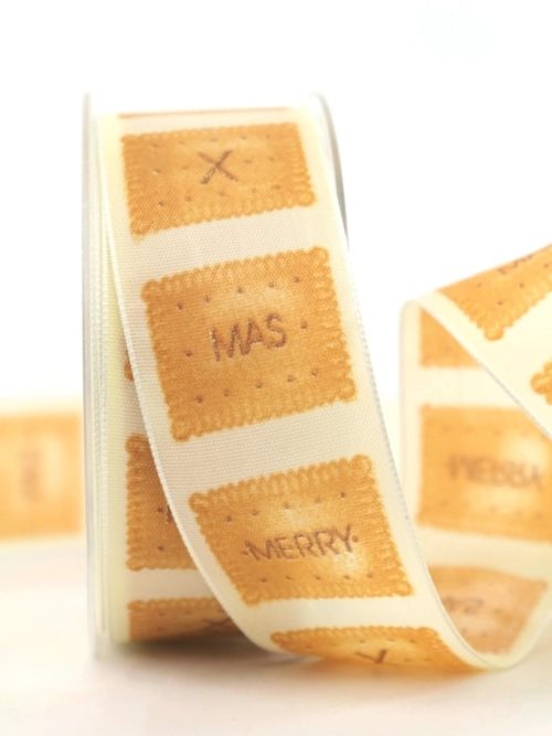 Gift and decorative ribbon X-mas biscuits, cream, 40 mm with wire