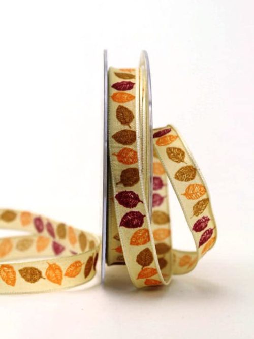 Gift and decoration ribbon with autumn leaves, orange bordeaux, 15 mm