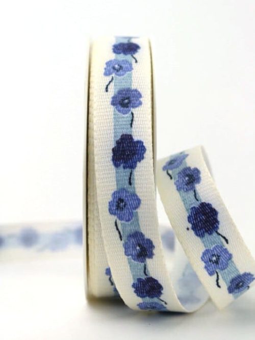 Linen ribbon with forget-me-not blossoms, blue, 25 mm