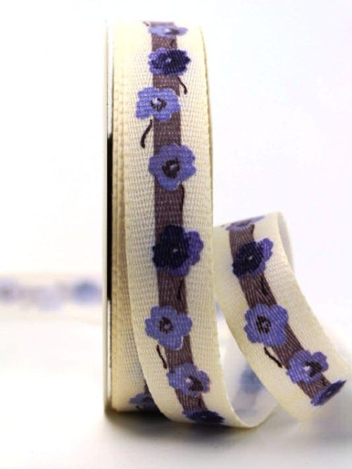 Linen ribbon with forget-me-not blossoms, lilac, 25 mm