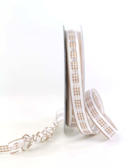 Decorative ribbon Rips-/Satin, brown-white, 15 mm wide