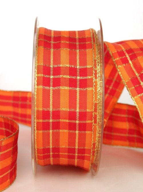 Diamond ribbon red-orange-gold, 40 mm wide, with wire edge