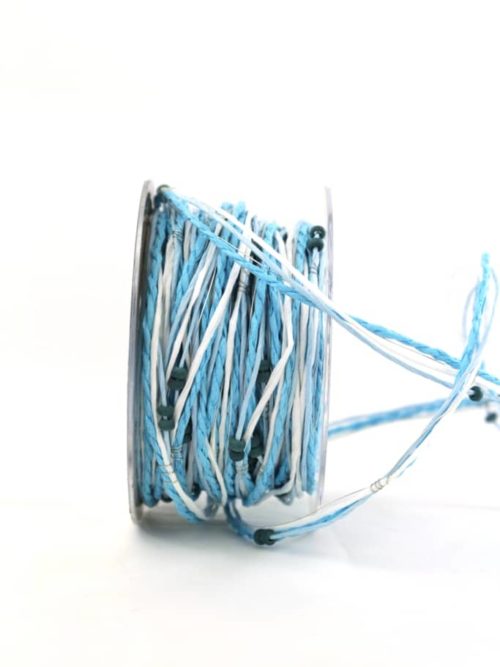Decorative cord with beads, blue-white, 4 mm wide