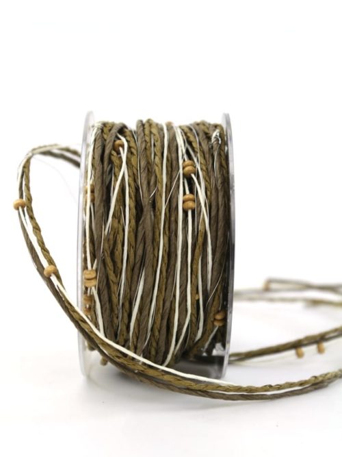 Decorative cord with beads, brown-olive, 4 mm wide