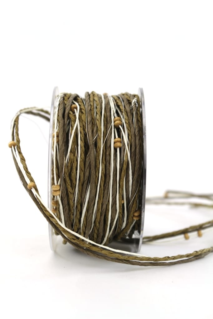 Decorative cord with beads, brown-olive, 4 mm wide