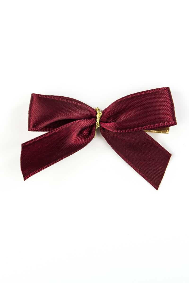 Finished bow made of 15 mm satin ribbon, bordeaux, with clip