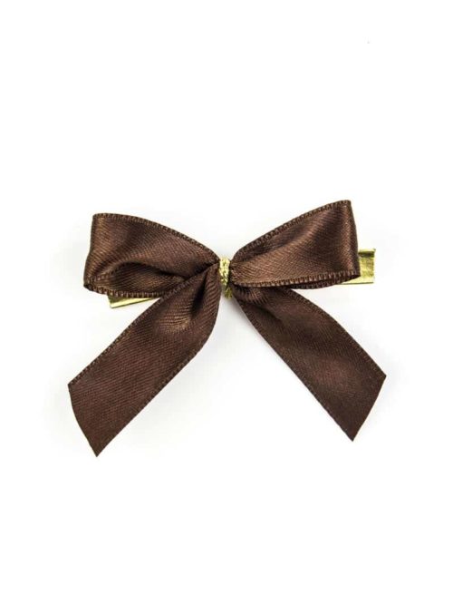 Finished bow made of 15 mm satin ribbon, brown, with clip