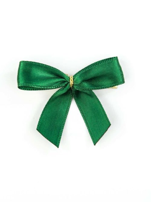 Finished bow made of 15 mm satin ribbon, dark green, with clip