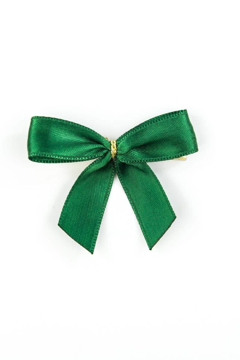 Finished bow made of 15 mm satin ribbon, dark green, with clip