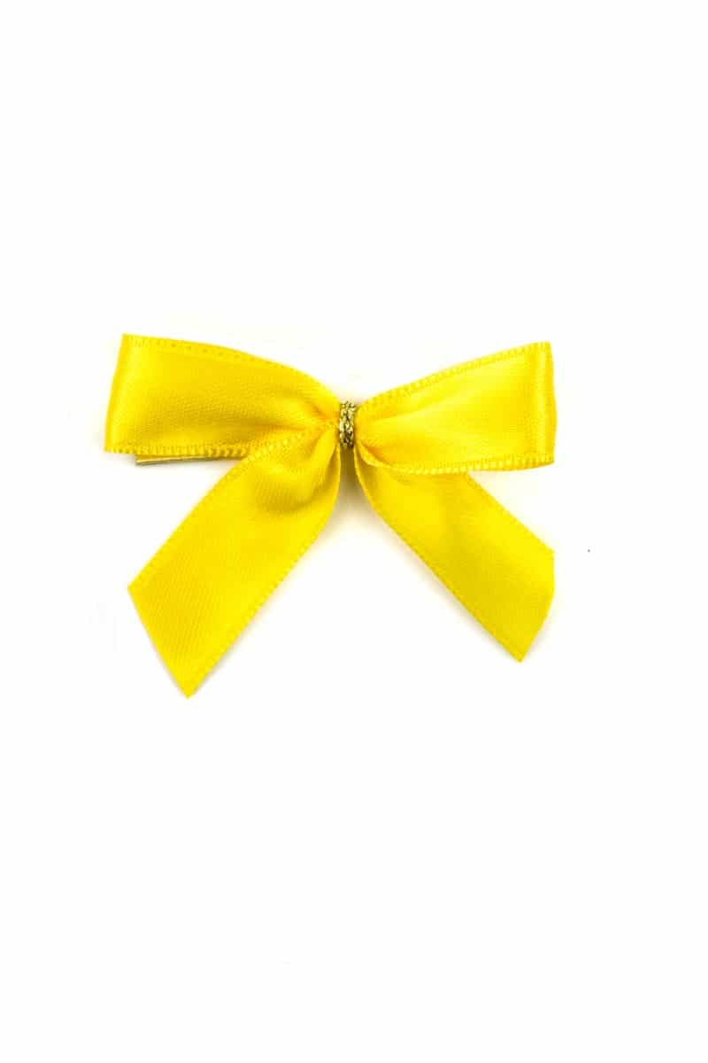 Finished bow made of 15 mm satin ribbon, yellow, with clip