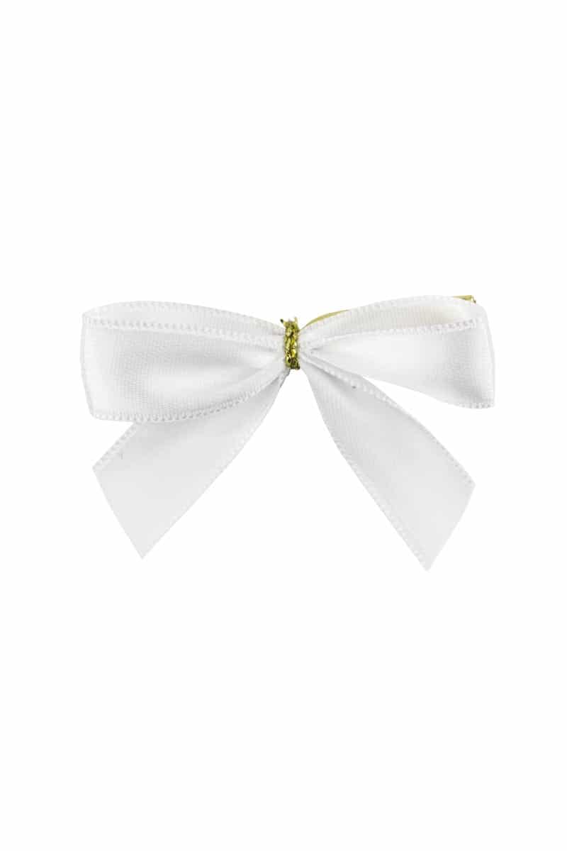 Finished bow made of 15 mm satin ribbon, white, with clip