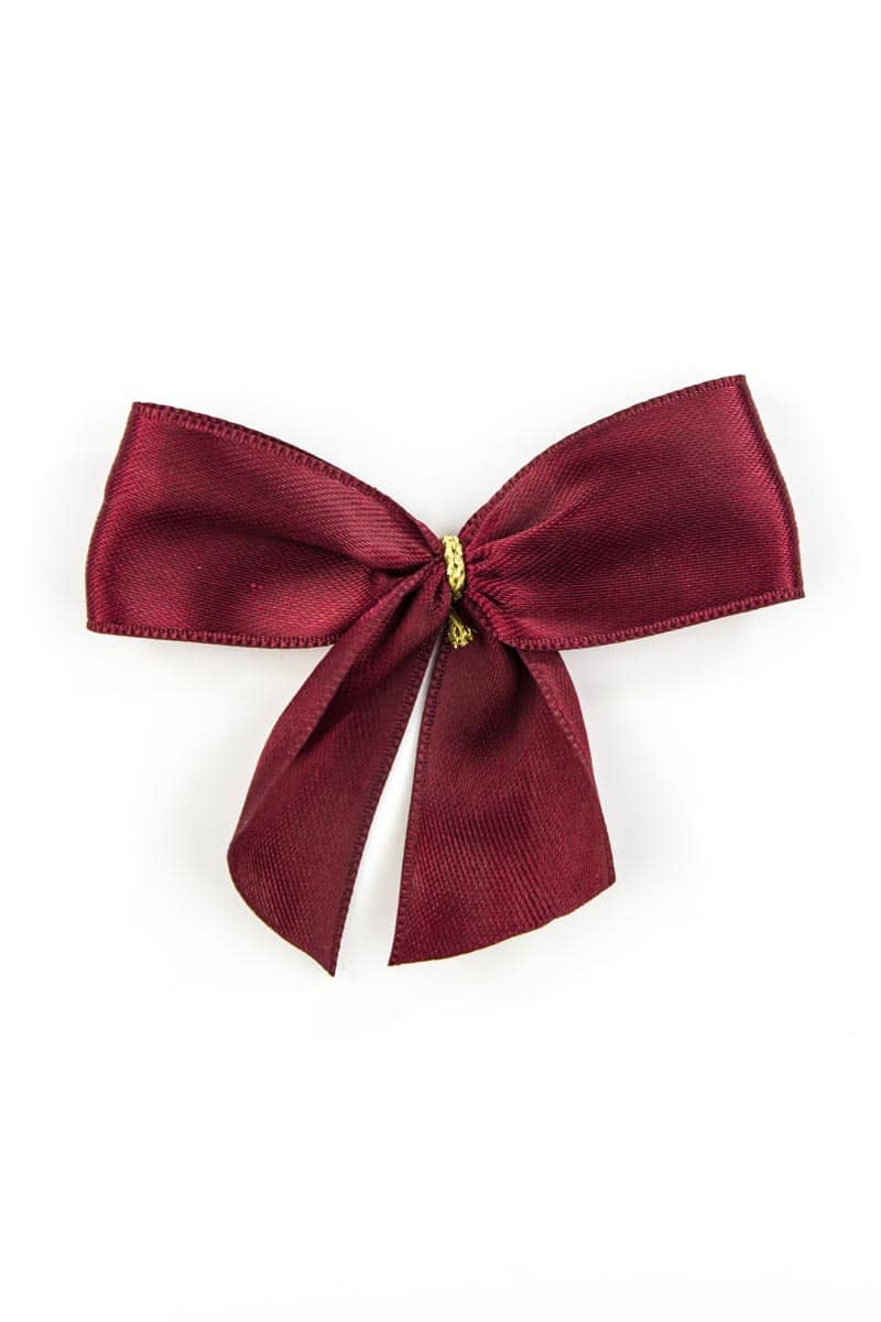 Finished bow made of 25 mm satin ribbon, bordeaux, with clip