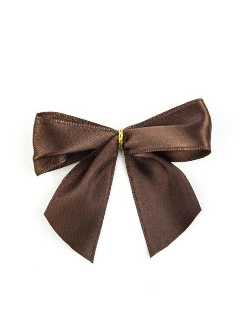 Finished bow made of 25 mm satin ribbon, brown, with clip