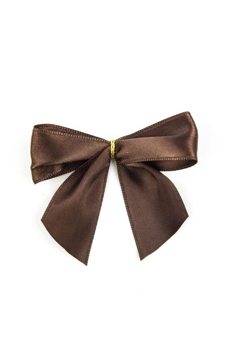 Finished bow made of 25 mm satin ribbon, brown, with clip