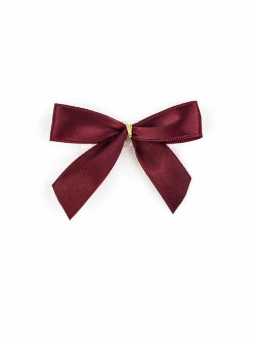 Finished bow made of 15 mm satin ribbon, bordeaux, with adhesive dot