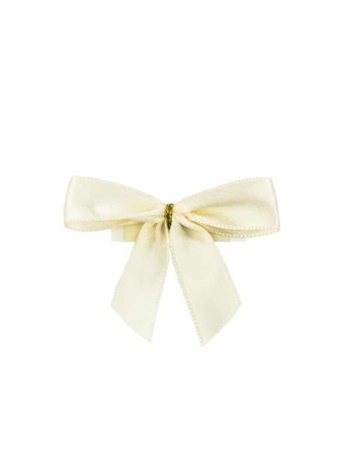 Finished bow made of 15 mm satin ribbon, cream, with adhesive dot