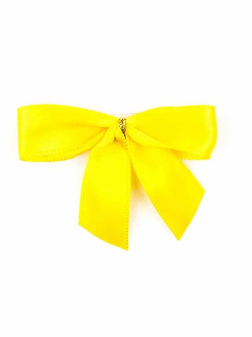 Finished bow made of 15 mm satin ribbon, yellow, with adhesive dot