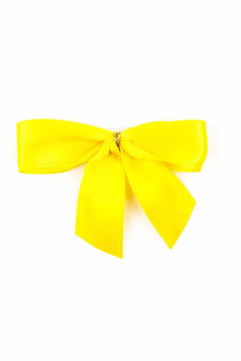 Finished bow made of 15 mm satin ribbon, yellow, with adhesive dot