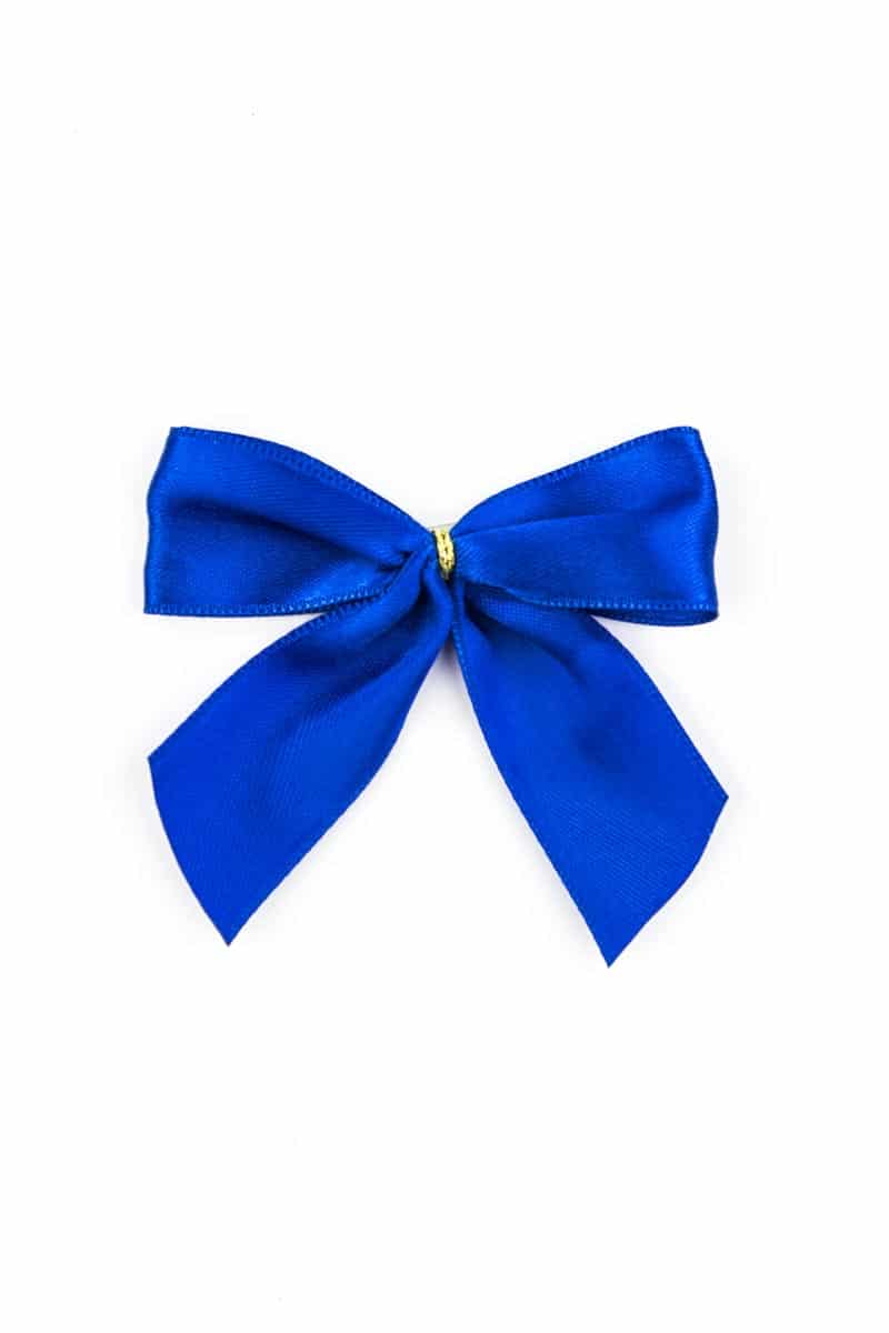 Finished bow made of 25 mm satin ribbon, blue, with adhesive dot