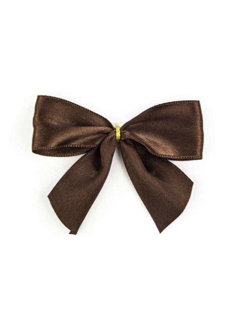 finished bow made of 25 mm satin ribbon, brown, with glue dot