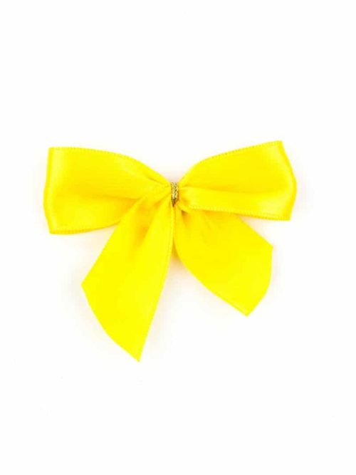 finished bow made of 25 mm satin tape, yellow, with adhesive dot