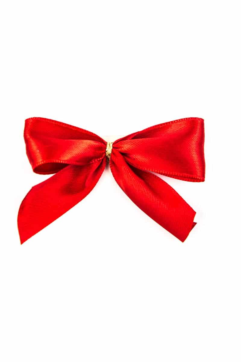 Finished bow made of 25 mm satin ribbon, red, with adhesive dot