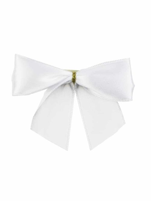 Finished bow made of 25 mm satin ribbon, white, with adhesive dot