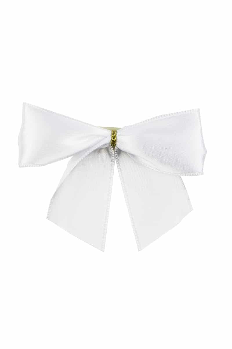Finished bow made of 25 mm satin ribbon, white, with adhesive dot