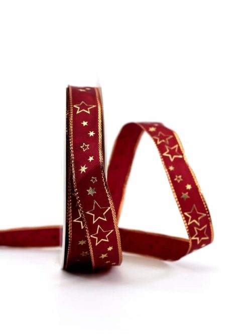 Gift ribbon bordeaux / golden stars, 15 mm wide