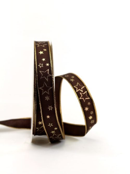 Wrapping ribbon brown / golden stars, 15 mm wide