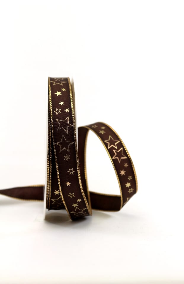 Wrapping ribbon brown / golden stars, 15 mm wide