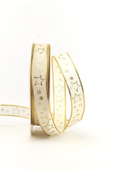 Gift ribbon cream / golden stars, 15 mm wide