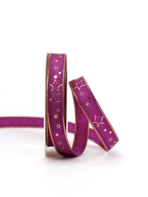 Wrapping ribbon purple / golden stars, 15 mm wide