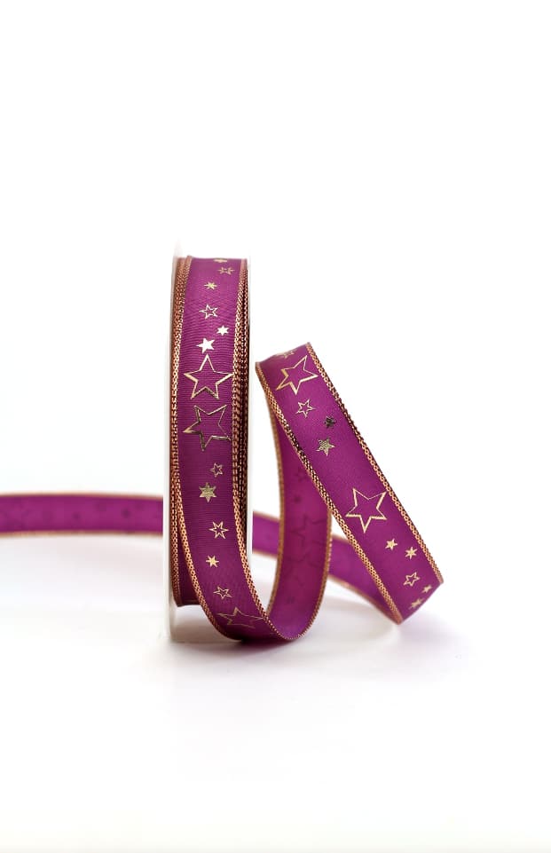 Wrapping ribbon purple / golden stars, 15 mm wide