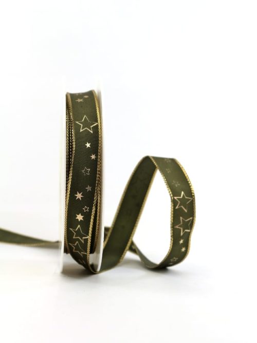 ribbon olive green / golden stars, 15 mm wide