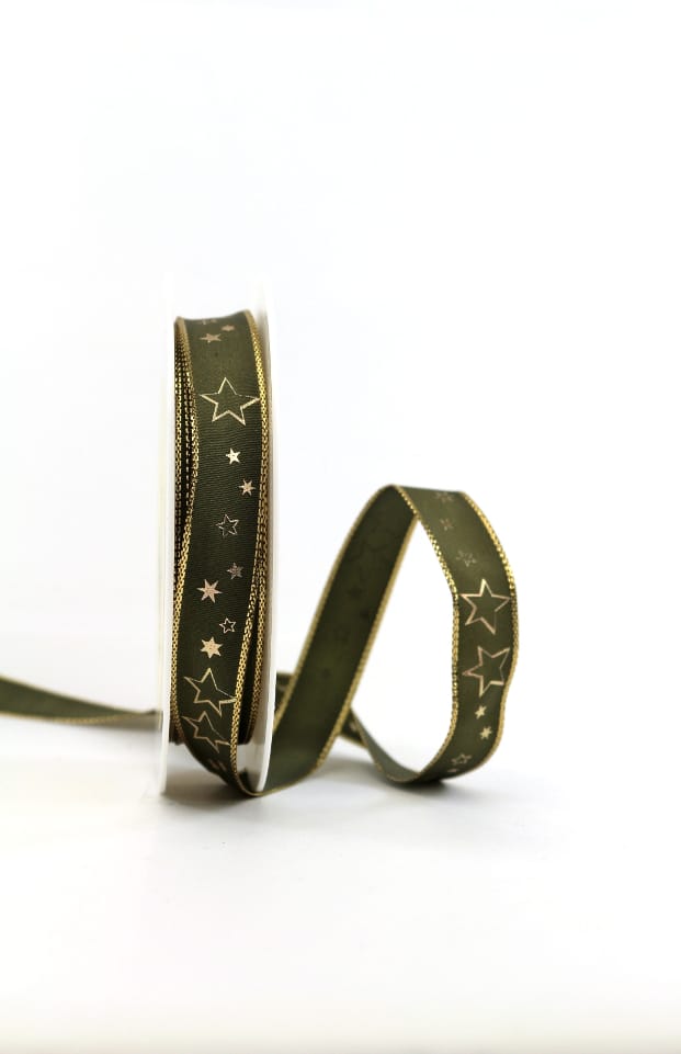 ribbon olive green / golden stars, 15 mm wide
