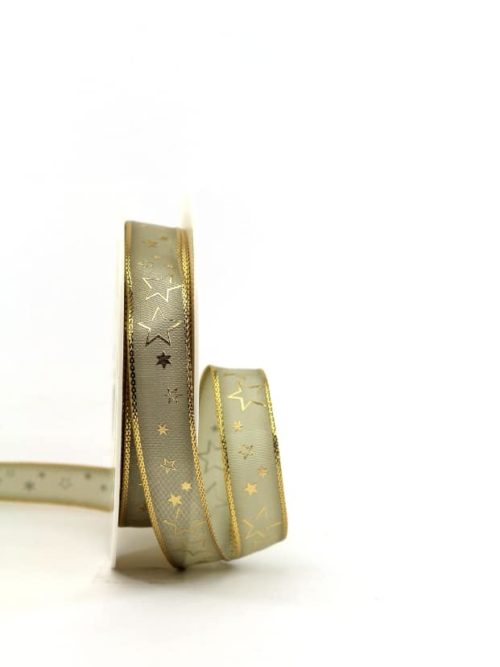 ribbon taupe / gold stars, 15 mm wide