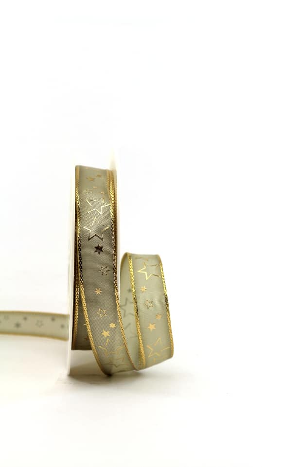 ribbon taupe / gold stars, 15 mm wide