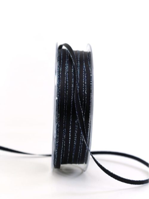 Satin ribbon with silver edge, 6 mm wide, navy blue