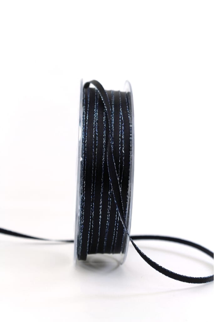 Satin ribbon with silver edge, 6 mm wide, navy blue