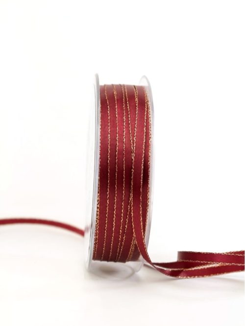 Satin ribbon with gold edge, 6 mm wide, bordeaux