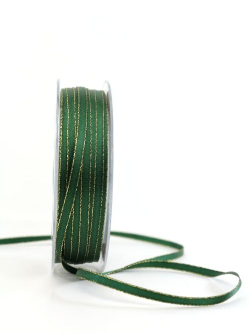 Satin ribbon with gold edge, 6 mm wide, fir green