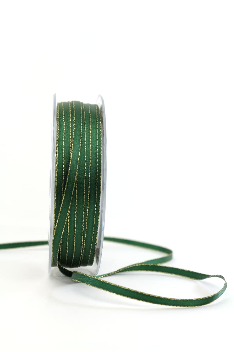 Satin ribbon with gold edge, 6 mm wide, fir green