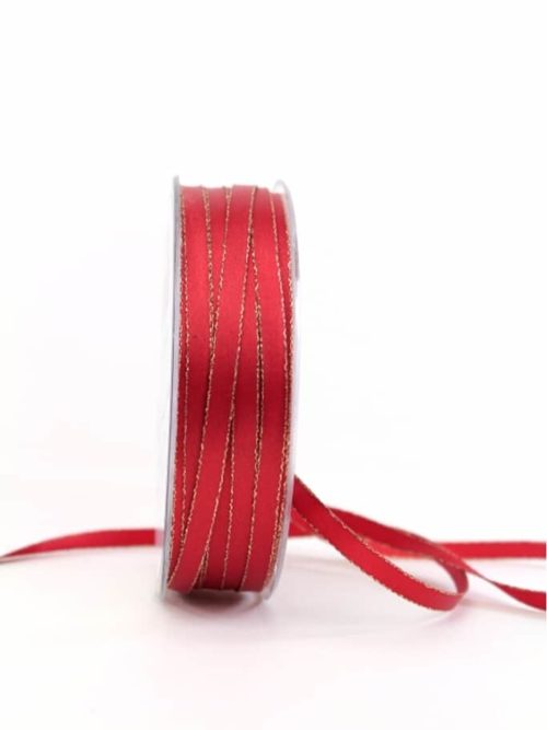 Satin ribbon with gold edge, 6 mm wide, red