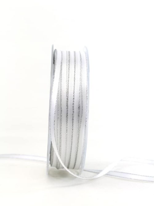 Satin ribbon with silver edge, 6 mm wide, white